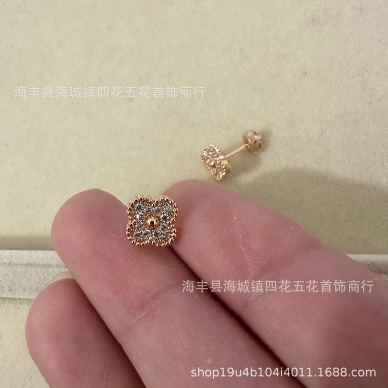 高版四叶草mini耳钉天然贝母厚金电镀 18K玫瑰金厂家直销直播批发|undefined