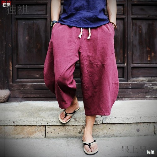Summer Chinese-style loose plus-size cotton-linen 7/8 length pants for men, fat men's shorts, wide-leg pants, linen casual harem pants, trendy