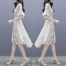 连衣裙女夏2025新款港味气质修身雪纺印花中长裙子冷淡风温柔裙仙