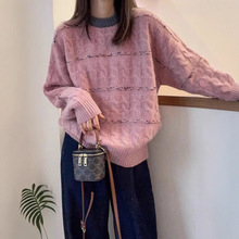 圆领针织打底套头别致软新款宽松毛衣女衫秋冬韩版糯撞色长袖麻花