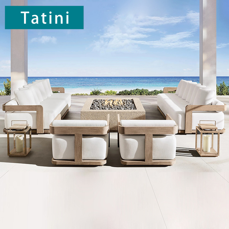 Sofá de teca para exteriores, diseño de muebles para patio de villa, balcón, jardín, resistente a la lluvia, de madera maciza, para hoteles y alojamientos.