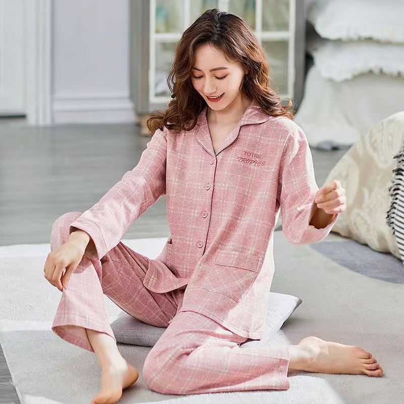 Pijamas de manga larga para mujer primavera y otoño 100% algodón Primavera y otoño para mujer traje de dos piezas para el hogar 2023 Nuevo