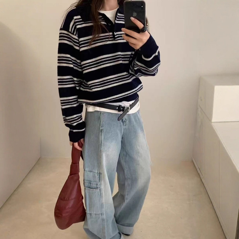 韩系条纹翻领套头毛衣女秋冬新款时尚经典宽松百搭针织衫上衣女|undefined