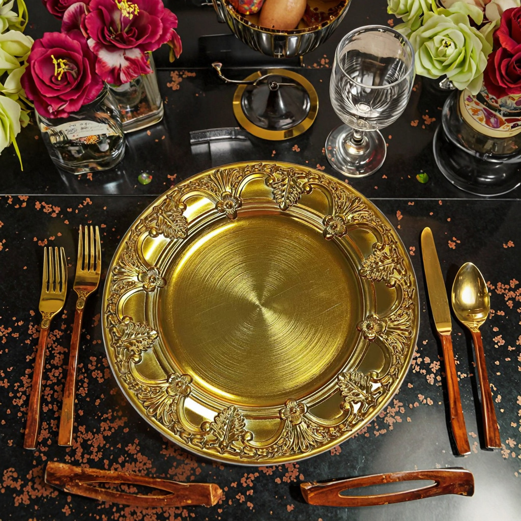 Fábrica directa platos de oro galvanizados imitación de metal procesamiento de bodas de hotel procesamiento de pintura de plástico platos de decoración