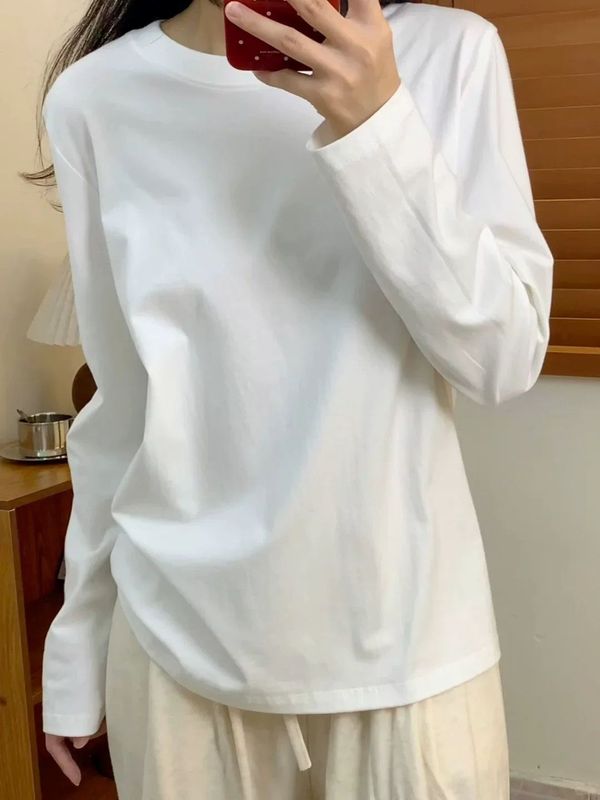 正肩纯棉长袖T恤女春秋内搭纯色打底衫宽松百搭上衣简约休闲体恤|undefined