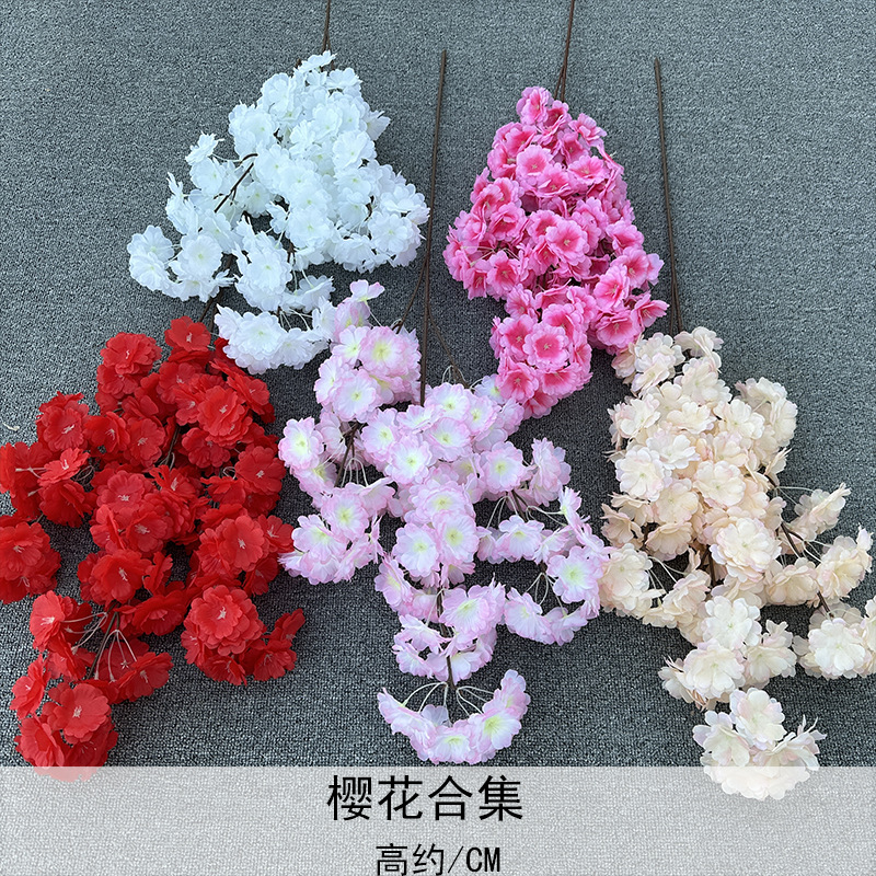 Boda decoración simulación Cerezo flor rama cifrado 3 ramas Cerezo árbol pesca Cerezo flor melocotón flor Pera Flor Rama ratán flor falsa