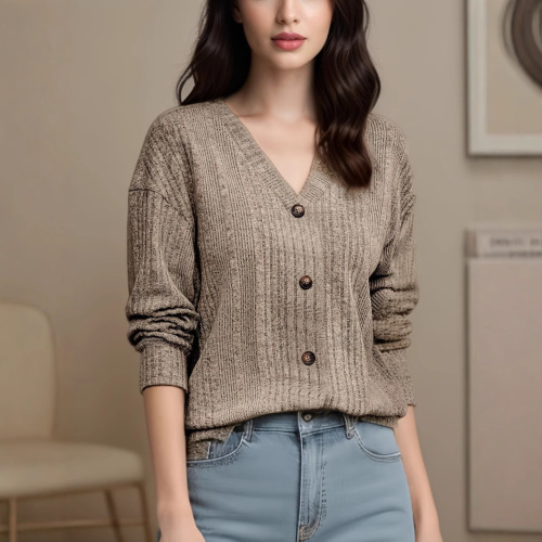 European and American Women's Autumn/Winter Knitted Button Sweater, Casual Long-Sleeve Loose T-Shirt Top for Women