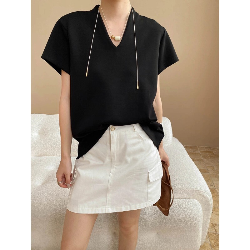 Sinan to Simplism Designer Simple High-end Water Drop V-neck Elegant Loose Short-sleeved T-shirt SN7648