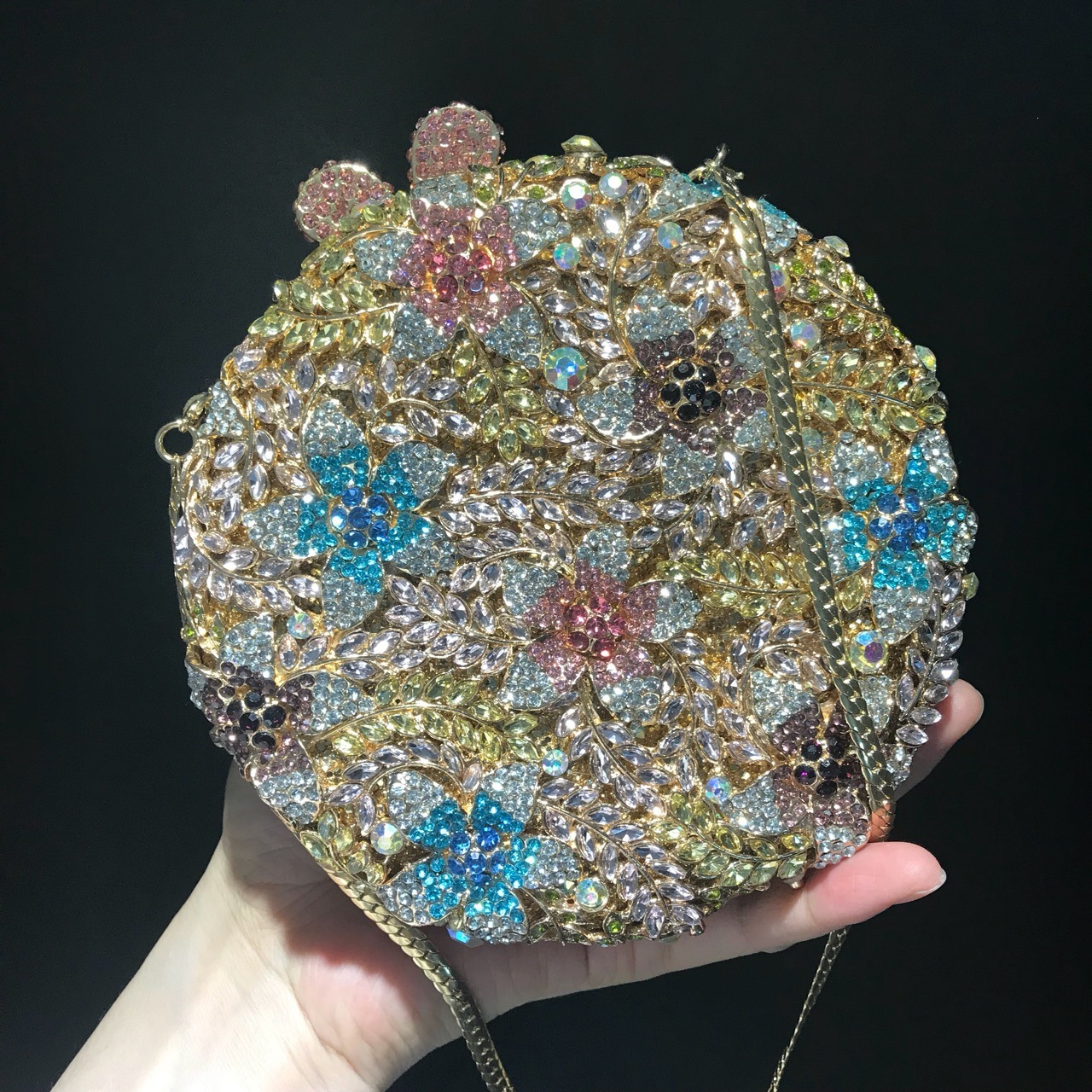 Bolsa de cena redonda de flores de trigo con diamantes, bolsas de maquillaje europeas y americanas, bolsas de diamantes, bolsas de joyas, bolsas de embrague