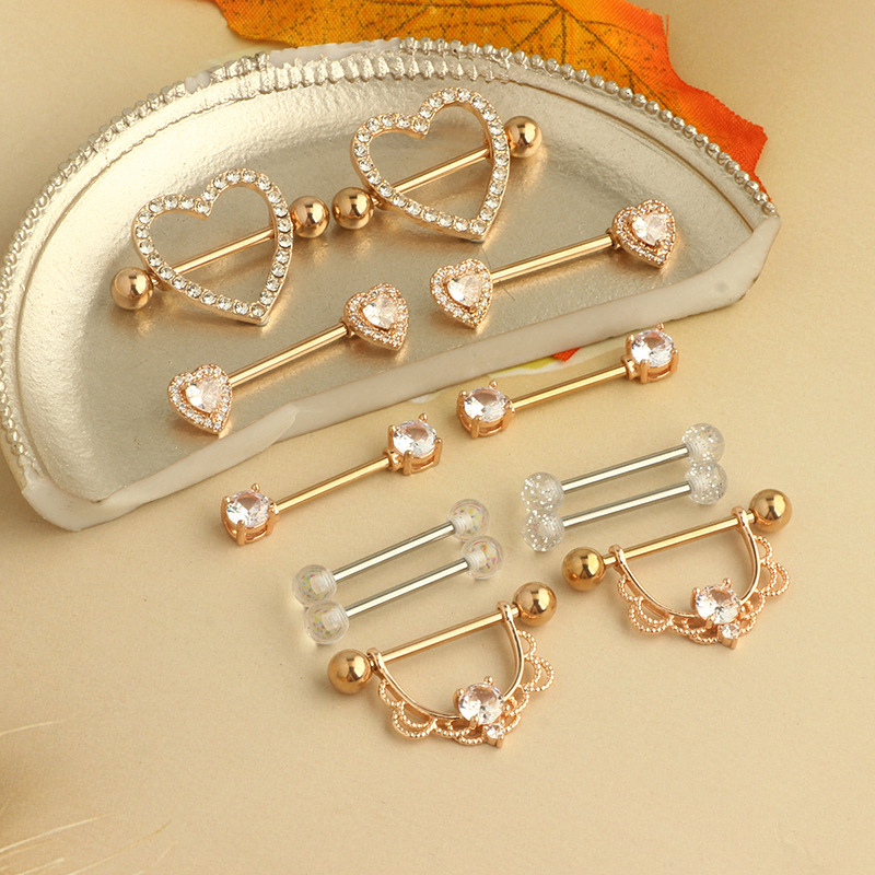 Amazon Hot Sale Stainless Steel Inlaid Zircon Breast Ring Straight Rod Love Tongue Nail Body Piercing Jewelry 12-Piece Set detail image 12