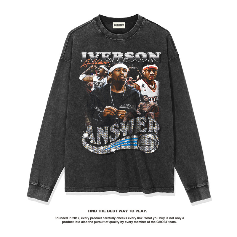 Iverson American Star camiseta hip-hop de la calle impresión de moda retro hacer viejo lavado pesado cuello redondo manga larga