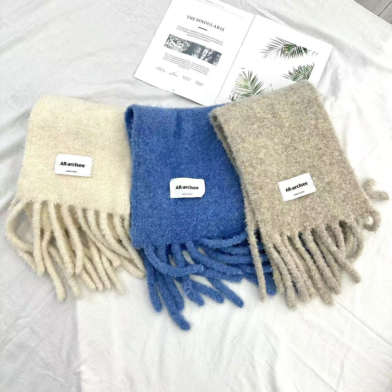 Woolen keep warm demi-season scarf with tassels, colored knitted cloak, increased thickness
