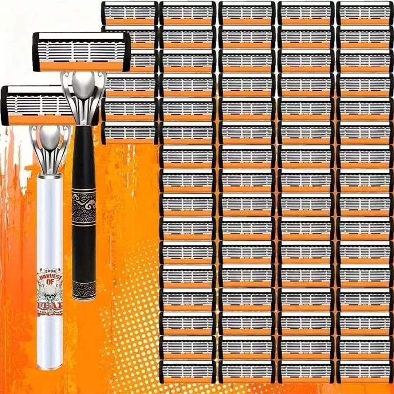 6-Layer Manual Razor Blade Men's Shaving Razor Manual Hair Removal Razor Stainless Steel Handle 2 Razor Holders 72 Razor Heads 6-Layer Manual Razor Blade Men's Shaving Razor Manual Hair Removal Razor Stainless Steel Handle 2 Razor Holders 72 Razor Heads