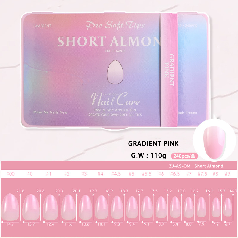 Armadura de almendra corta degradada 240 piezas de manicura en caja, alta permeabilidad, alta elasticidad, sin amarilleamiento, uñas postizas de alta gama
