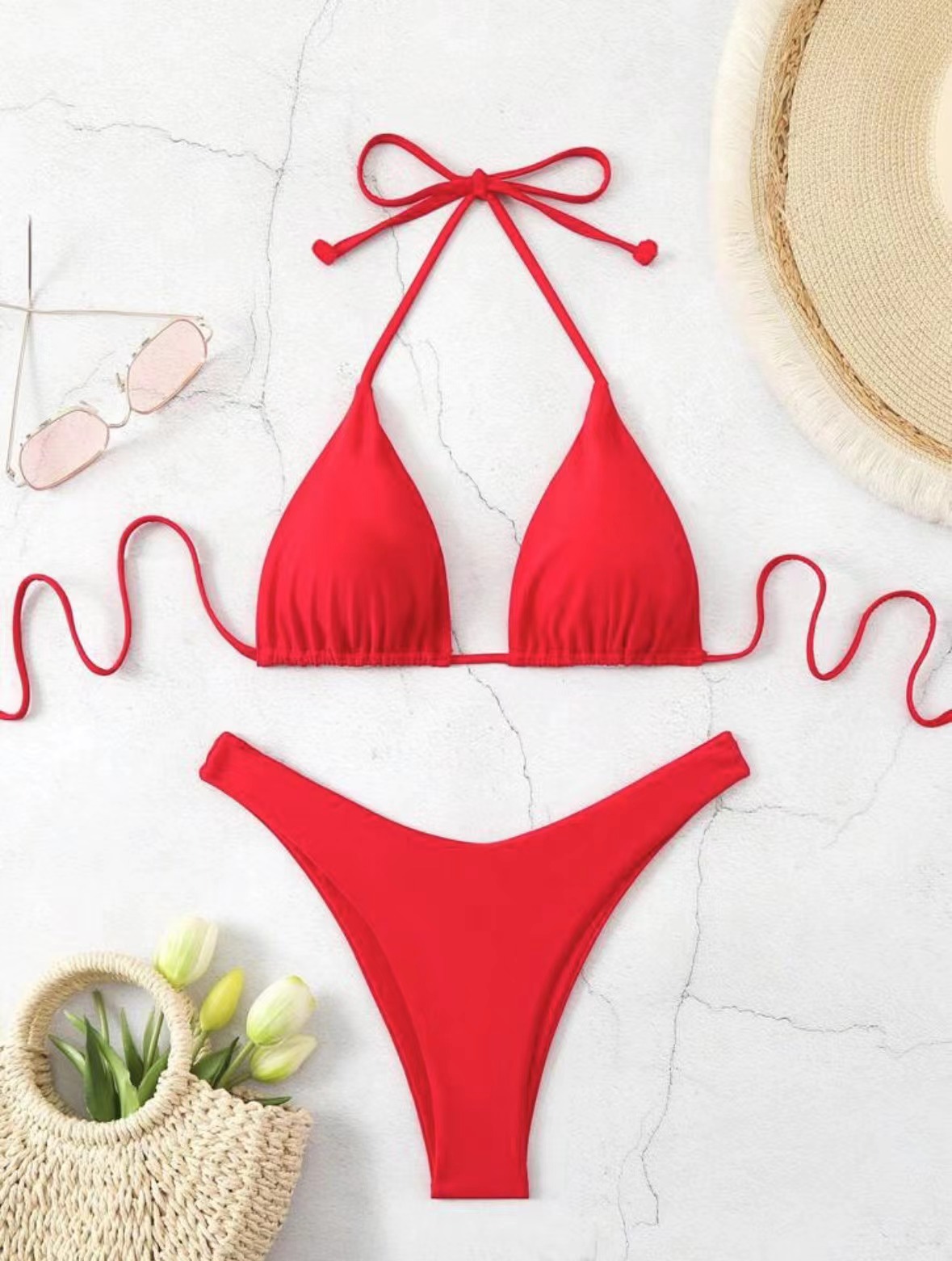Women's Clothing Tie Up Bikini Swimsuit Solid Color Two Piece Sexy Women's Clothing Swimwear_ecoleips.com