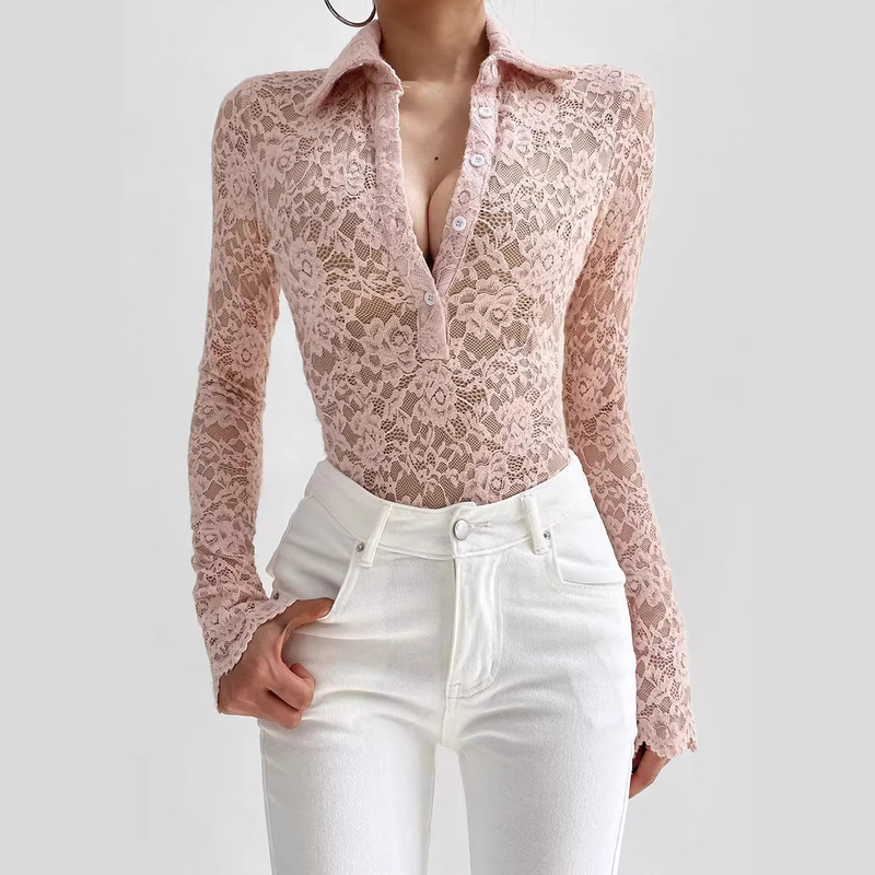 Lace V-Neck Slim-Fit Long-Sleeve Sexy Bodysuit for Women in Autumn with a Turn-Down Collar Lace V-Neck Slim-Fit Long-Sleeve Sexy Bodysuit for Women in Autumn with a Turn-Down Collar