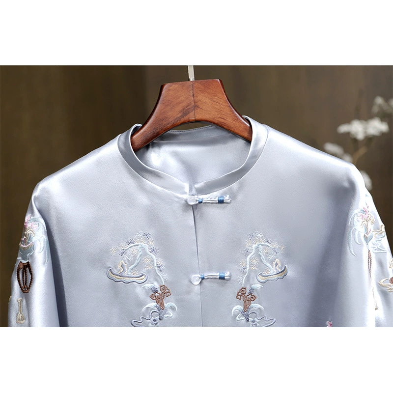 Spring retro jacket, round collar, with embroidery, Chinese style