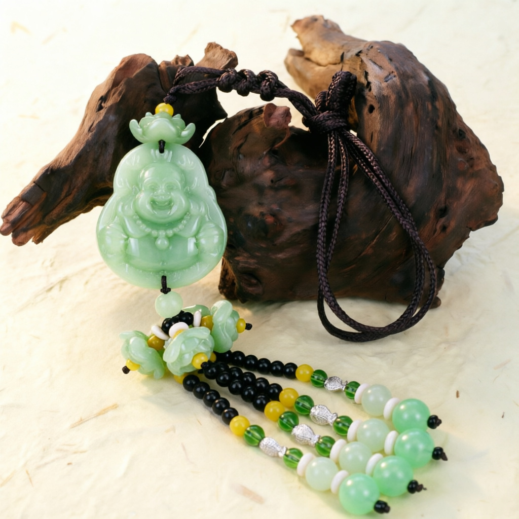 Double-Sided Light Green Jade Pendant with Safe Journey Symbol, Gourd, Pixiu, Guanyin, Maitreya Buddha, and Lotus Design for Car Decoration