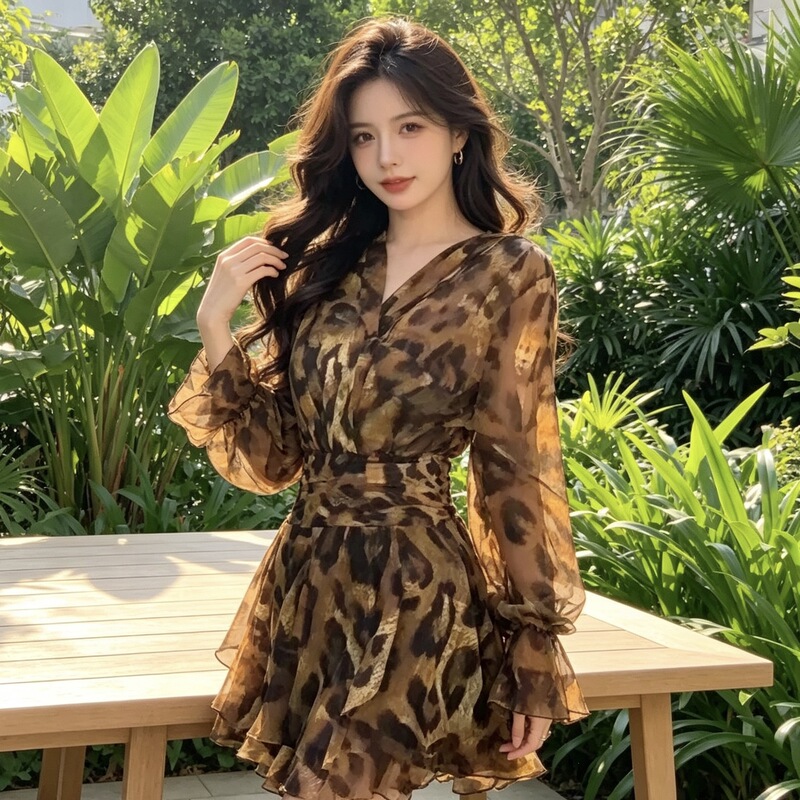 French-style mature and elegant V-neck leopard print dress for women, 2026 autumn new model, slimming, waist-cinching, ruched, tie-waist dress, trendy