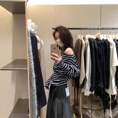 Hers 韩系简约显瘦减龄气质斜肩纯欲风小心机长袖针织衫女秋92200