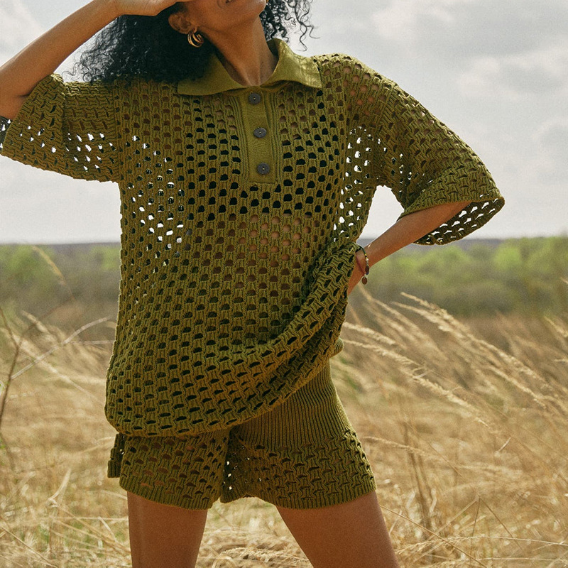 유럽과 미국의 봄과 여름 여성 스포츠 레저 세트 아마존 핫 뉴 니트 셔츠 반바지 투피스 세트