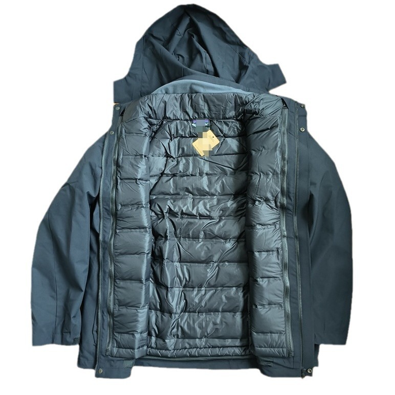 Chaqueta tres en uno para comercio exterior con forro de plumón, abrigo softshell impermeable con capucha para invierno.