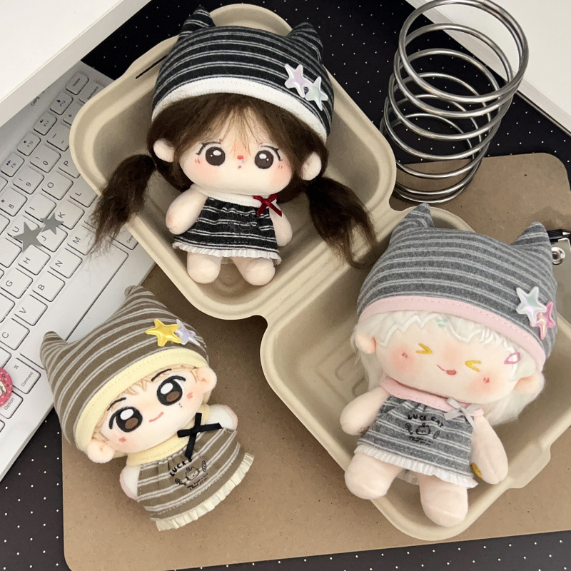 10cm Cotton Doll Clothes Korean Style Striped Cat Ear Doll Outfit Hat Set Universal for Normal and Starfish Body Types