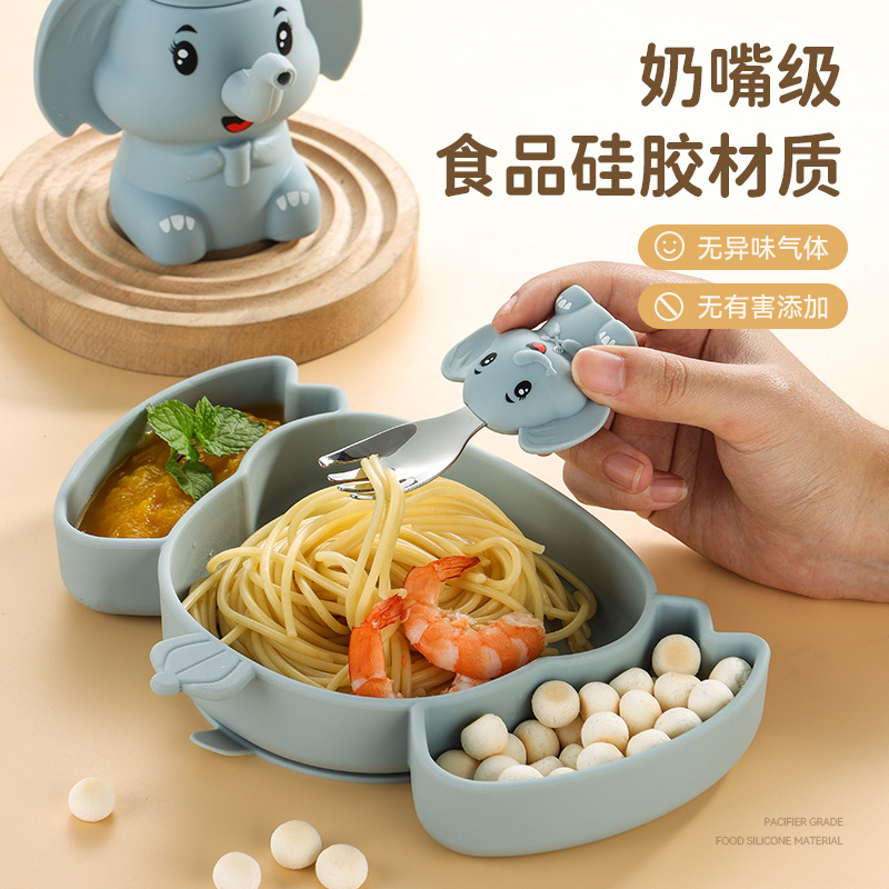 Elefante de dibujos animados set de cubiertos para niños plato de silicona para bebés plato de alimentos para bebés set de suministros para madres y bebés