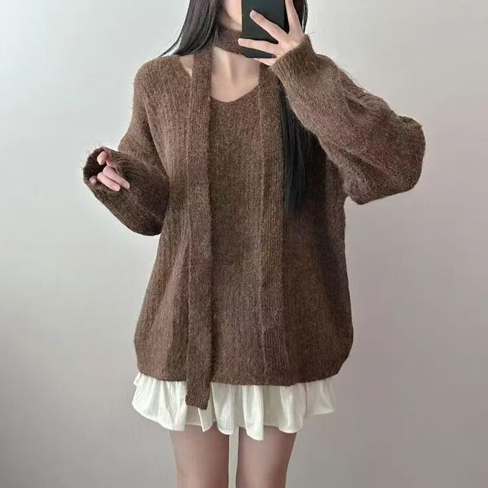 韩系V领飘带宽松套头毛衣女装秋冬新款温柔风绑带显瘦上衣针织衫|undefined