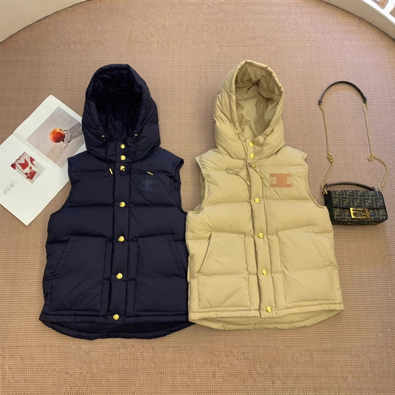 Ce's Cream Apricot 24 New Classic Versatile Casual Leather Brand Hooded Vest down Vest Women's Short Clothing