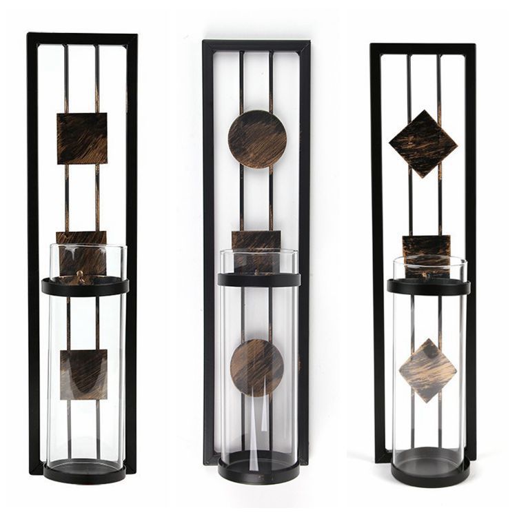 Candelaria de hierro fundido de metal simple artesanía de tubo cuadrado colgado en la pared de hierro fundido candelabros de vidrio sala de estar candelabros de color antiguo