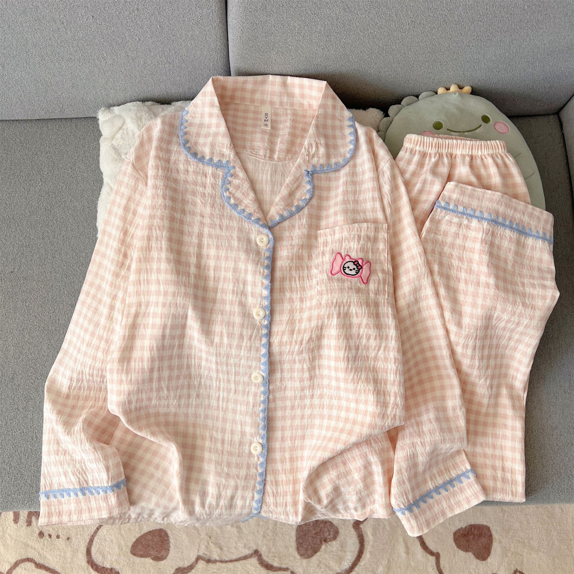(No breast pads) [Yunduo Cotton] Shell-Pink Plaid (long sleeves + trousers)