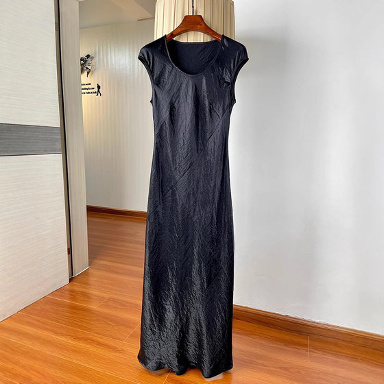 Texture Pleated Acetate Sleeve dress Summer Fashion U-Neck Tight Waisted Slim-Fit Tall Ladded Skirt