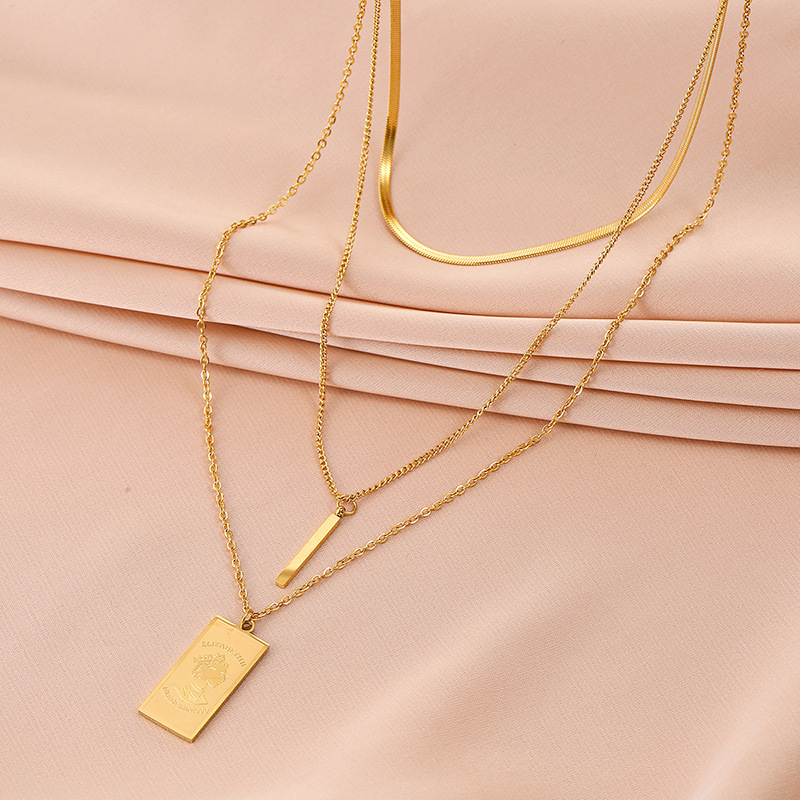 Fashion Creative New Golden Square Face Titanium Steel Necklace Multi-layer Sweater Chain display picture 2