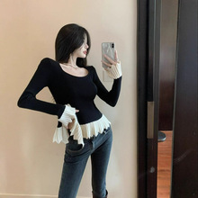 2025年春秋新款撞色拼接打底针织衫减龄毛衣女不规则小众内搭上衣