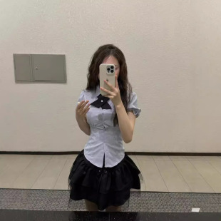 小個子穿搭!JK制服泡泡袖襯衫+拼接蕾絲邊高腰蓬蓬短裙蛋糕套裝女