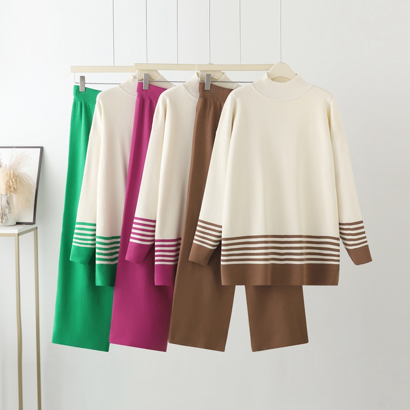 Abbigliamento da donna nuovo abito casual alla moda alla moda che riduce l'età top in maglia pantaloni a gamba larga abito in due pezzi_voghion.com