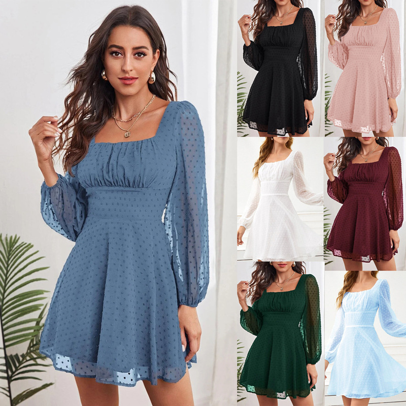 European and American Cross-Border Independent Site Wish2025 Autumn and Winter Long-Sleeved High-Waisted Elegant Commuter Women's Dress Direct Supply from the Manufacturer