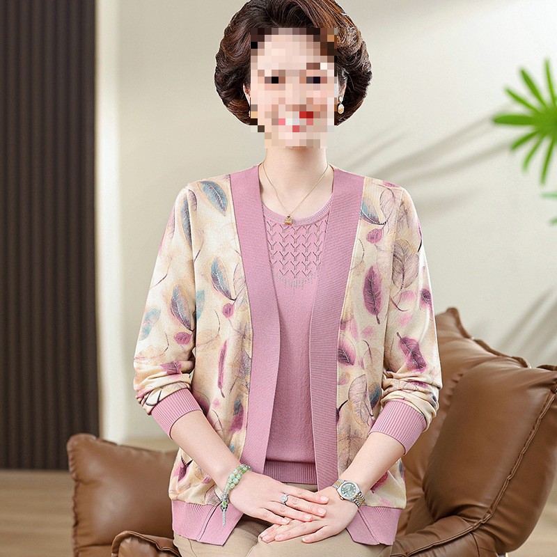 新款新款妈妈春装两件套装中老年人女针织衫母亲节夏季短袖T恤上