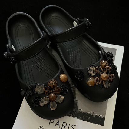 Ballet Clogs with High-End Accessories, Black Leopard Print Flowers, DIY Resin Fashion Decorations, Sweet and Cool Girl Shoe Charms
