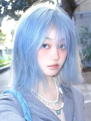 Blue wavy bob hairstyle, shoulder-length, full head costume, colorful subculture, cool Lolita, Y2K