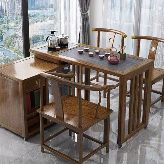 实木旋转茶桌阳台家用移动茶台喝茶桌椅组合小型茶几具烧水壶套装