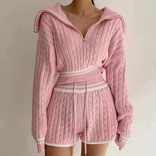 时尚套装女气质加厚拉链毛衣针织短裤2025秋冬季新款毛线两件套女