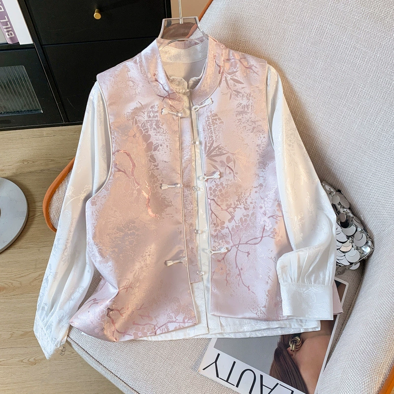 8655 Новый китайский стиль в стиле ретро с небольшим воротником-стойкой и пуговицами, жаккардовый модный жилет, куртка-кардиган для женщин с растительным цветочным узором.