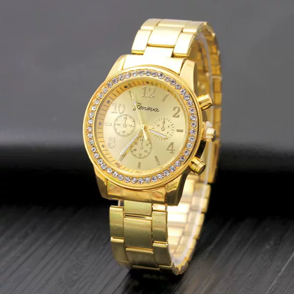 Cross-Border New Geneva Alloy Diamond-Encrusted Steel Band Watch for Women, Women's Geneva Quartz Watch Wholesale