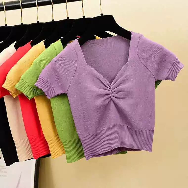 Новинка лета 2020, тонкий пышный топ с v-образным вырезом и короткими рукавами, сексуальная короткая трикотажная футболка с открытым пупком, нижняя рубашка для женщин