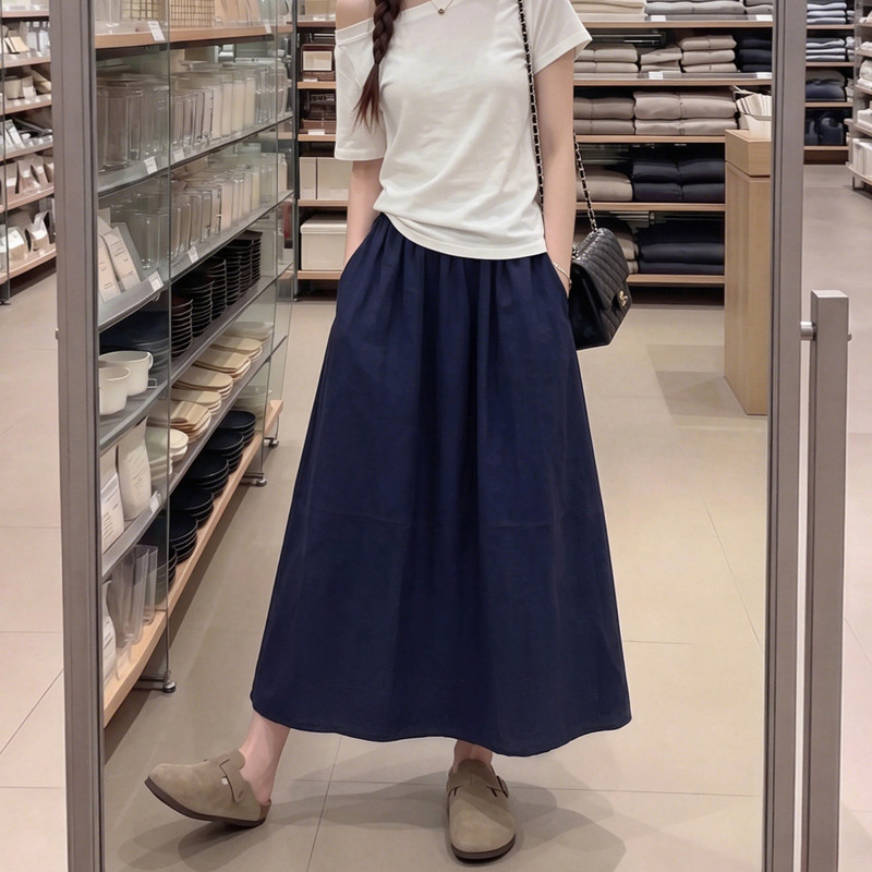 Plus-Size Women's Navy Blue Linen Skirt, Summer 2026 New A-Line Umbrella Skirt, Mid-Length Cotton-Linen Skirt Plus-Size Women's Navy Blue Linen Skirt, Summer 2026 New A-Line Umbrella Skirt, Mid-Length Cotton-Linen Skirt