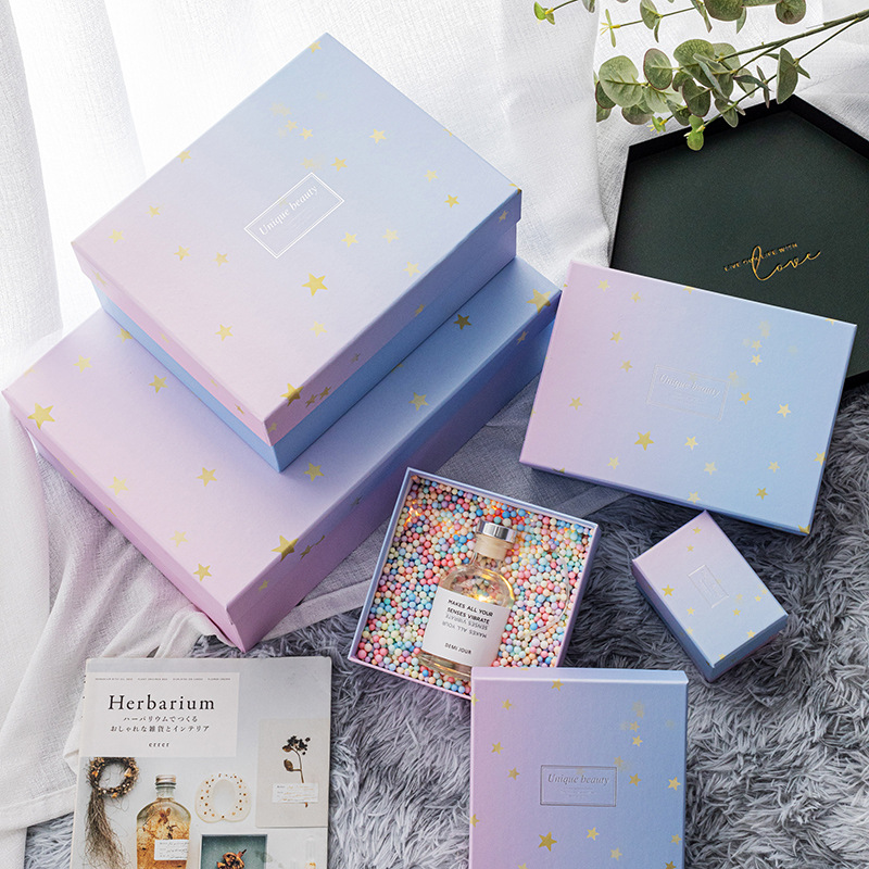 ins禮品盒長方形大號漸變禮盒化妝品口紅創意禮物盒天地蓋包裝盒