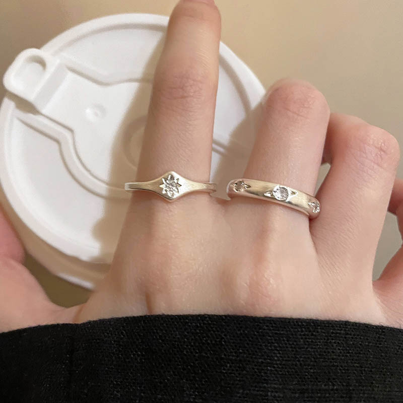 S925純銀啞光拉絲八芒星閃鋯戒指女韓國ins復古小眾設計新款指環