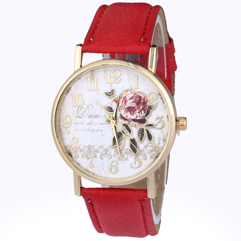 2026 Cross-Border Hot-Selling Foreign Trade Leather Belt Women's Printed Watch, Fashionable and Simple Rose Flower Digital Dial Quartz Women's Watch